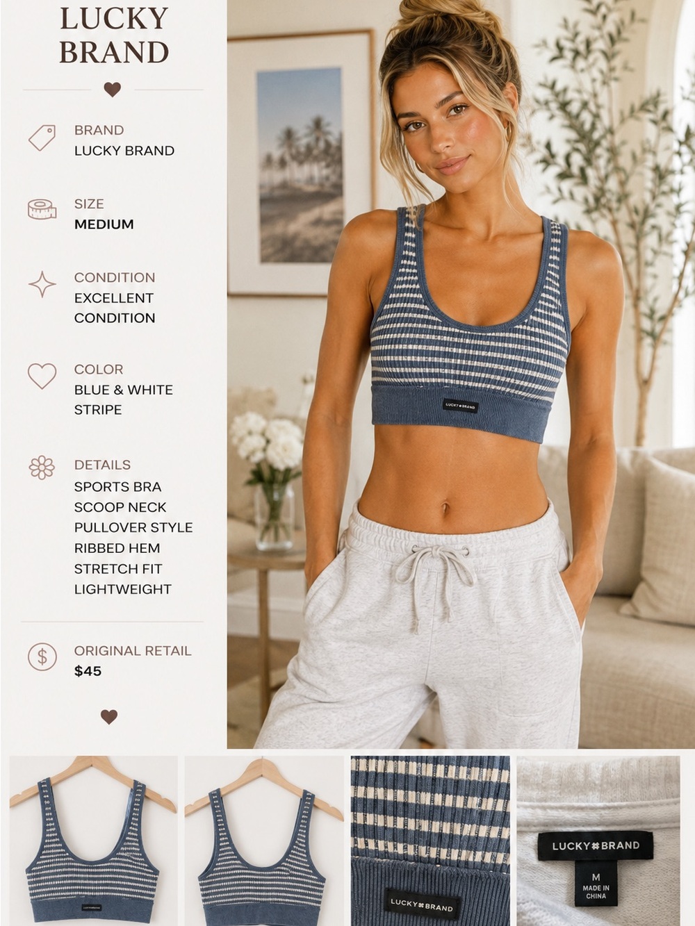 Lucky Brand Blue & White Striped Ribbed Scoop Sports Bra